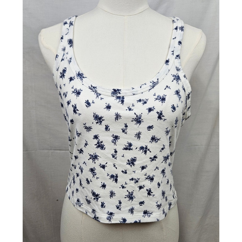 Wild Fable Sleepwear Floral‎ Tank Top White Blue Racerback Crop Pajama Shirt M